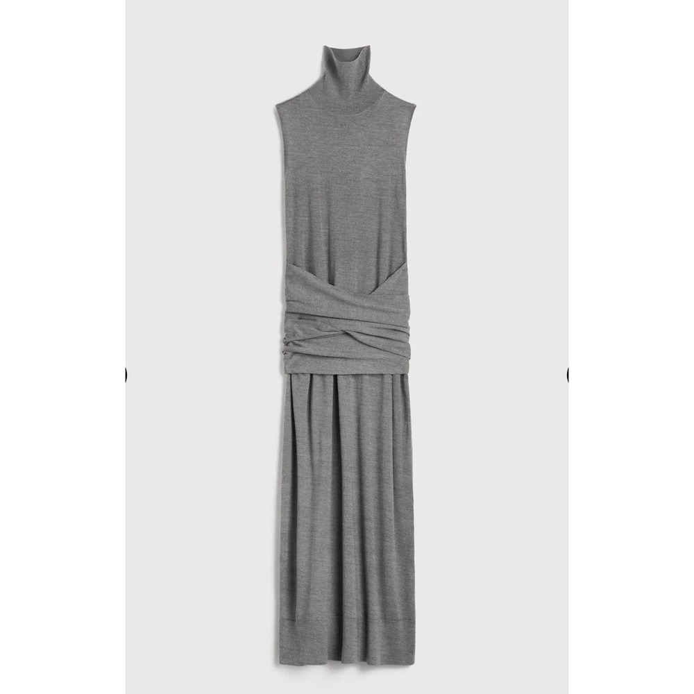 Toteme Turtle Neck Draped Grey Wool-Silk Knit Maxi Dress Sleeveless stretchy L - Picture 2 of 16